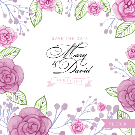 Watercolor Roses Wedding Invitation Template. Save The Date vector illustration with pink ribbonのイラスト素材