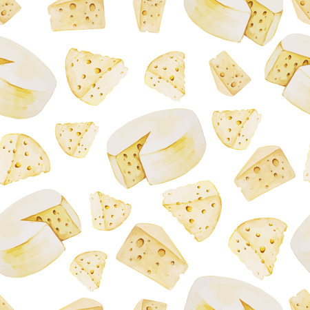 Watercolor cheese seamless pattern. Organic food illustration with cheese rounds and cheese pieces. Eco farm food illustration.のイラスト素材
