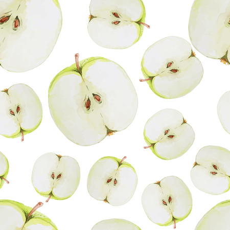 Watercolor seamless pattern with green sliced apples. Hand drawn design. summer fruit illustration.のイラスト素材