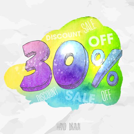 Vector spot watercolor background with hand drawn sketch style lettering 30 (thirty) percent. Doodle discount illustrationのイラスト素材