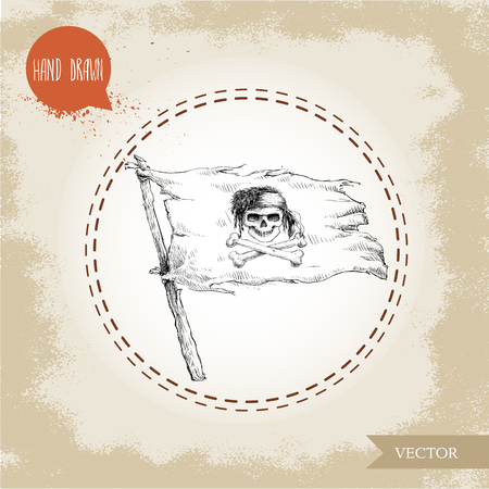 Pirate vector white flag with human skull and crossbones. Hand drawn illustration in vintage design. Jolly Roger.のイラスト素材