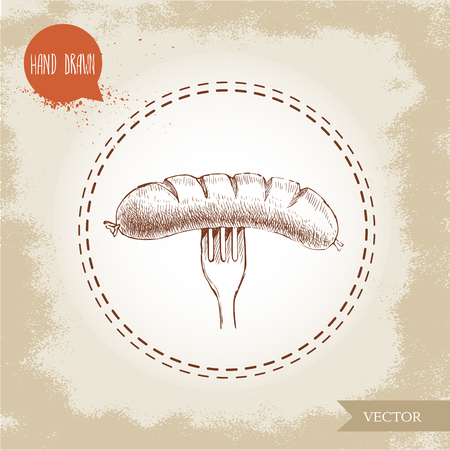 Hand drawn sketch type grilled sausage on fork. Organic food vintage illustration.のイラスト素材