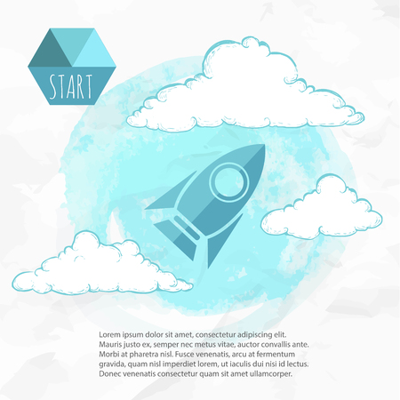 Business start up idea template. Flat style rocket and sketch style clouds. Business project start up, launching new product or service. Watercolor background.のイラスト素材