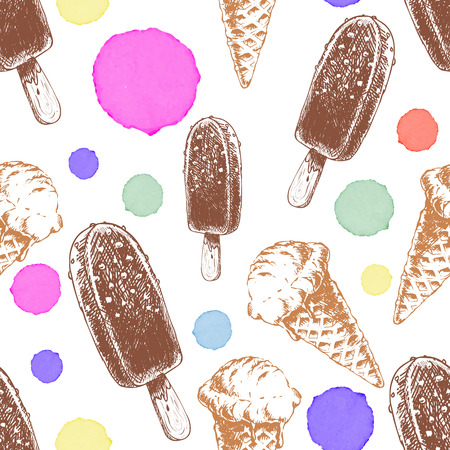 Seamless pattern with cone waffle ice cream and chocolate ice creame.Colorful watercolor drops.  sketch illustration for ice cream menu and textile.のイラスト素材