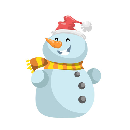 Cute laughing snowmen in red hat with scarf icon. Cartoon  expression isolated character. Simple gradient mascot.のイラスト素材