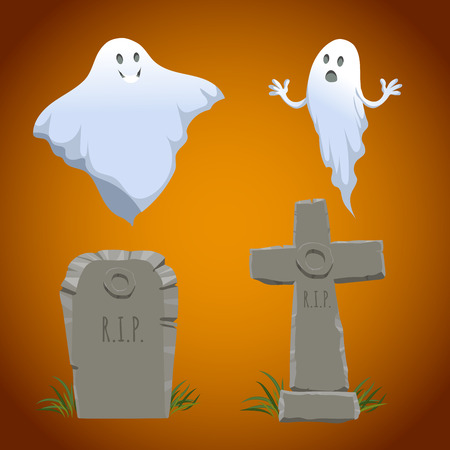 Cartoon halloween icons set. Old looking christian cross tombstone , simple tombstone and two type of ghosts. Halloween symbols.のイラスト素材