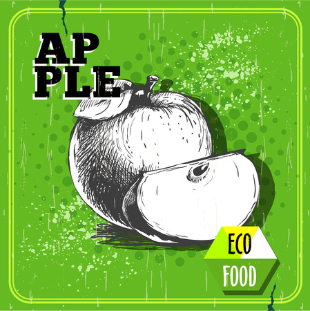Hand drawn apple with leaf retro poster. Sketch style organic fruit illustration on vintage green half tone background. Eco food.のイラスト素材
