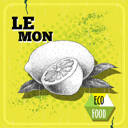 Hand drawn sketch style lemon with leaf on yellow halftone layout.のイラスト素材