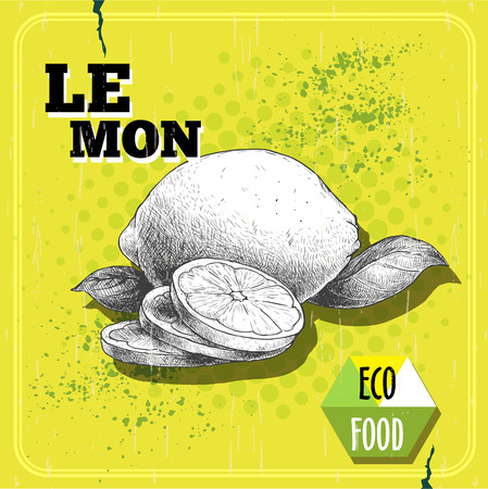 Hand drawn sketch style lemon with leaf on yellow halftone layout.のイラスト素材