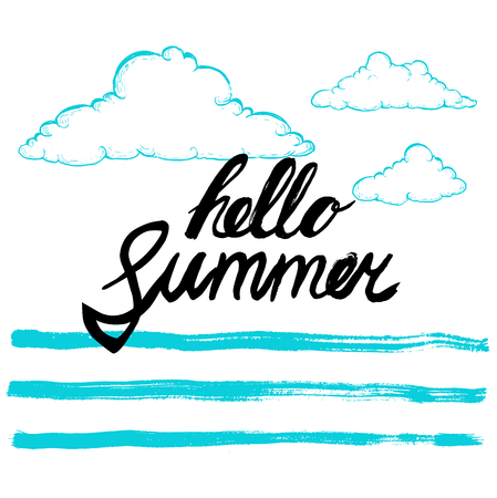 Hello summer black hand written phrase on stylized background. Calligraphy. Inscription ink hello summer. Hand drawn sketch clouds. Blue vector design template.のイラスト素材