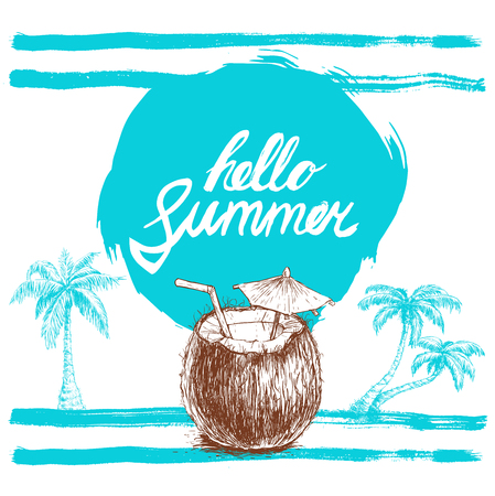 Hello summer hand written phrase on stylized blue background with hand drawn palms. Calligraphy. Inscription ink hello summer. Hand drawn sketch clouds and coconut cocktail.のイラスト素材