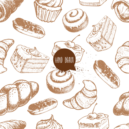 Seamless vector pattern with bakery goods. Cream roll, chocolate eclair, iced cinnamon bun, cupcake, cake and croissant.のイラスト素材