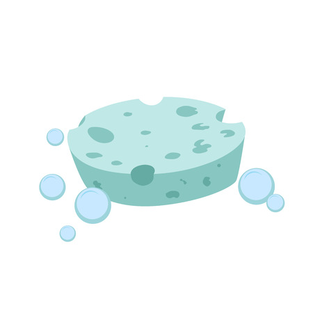 Vector cartoon flat style green round sponge vector icon. Blue bubbles. Stylized bath and kitchen clearing accessories isolated on white background.のイラスト素材