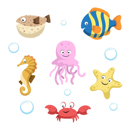 Vector cute different sea and ocean animals set. Isolated vector illustration. Colorful fish, seahorse, jellyfish, starfish, crab and blowfish.のイラスト素材