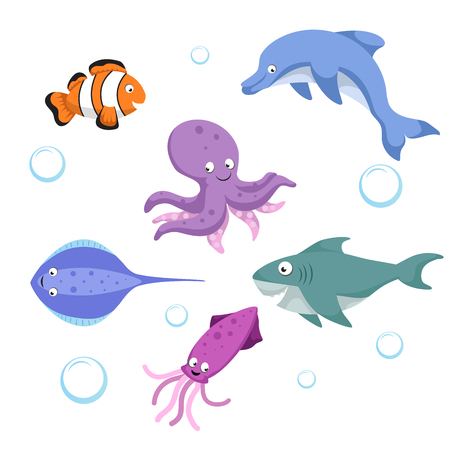 Vector cartoon different sea and ocean animals set. Isolated vector illustration. Clownl fish, octopus, stingray, shark, dolphin, cuttlefish.のイラスト素材