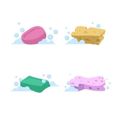 Trendy cartoon style bath and health care set. Yellow and green soap, and pink and green sponges with bubbles.のイラスト素材