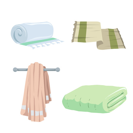 Trendy cartoon style towels cion set. Bath, home, hotel flat symbols. Vector hygiene illustration collection.のイラスト素材