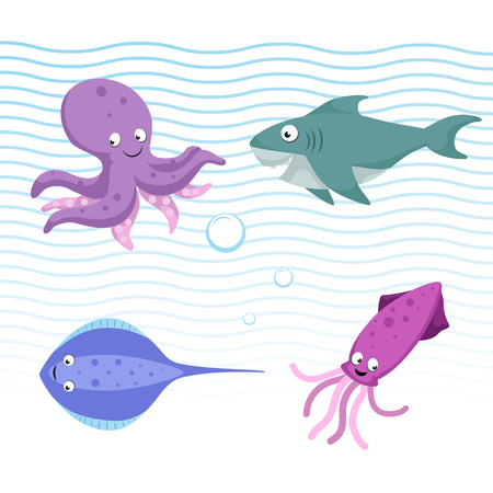Vector cartoon different sea and ocean animals set. Isolated vector illustration. Octopus, stingray, shark, cuttlefish.のイラスト素材