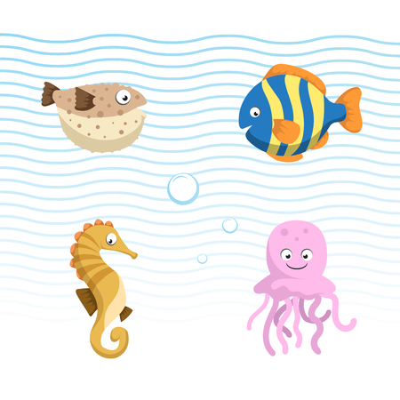 Vector cute different sea and ocean animals set. Isolated vector illustration. Colorful fish, seahorse, jellyfish, blowfish.のイラスト素材