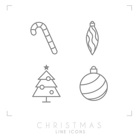 Thin line christmas icons. Decoration ball, christmas tree, candy cane. Simple trendy design.のイラスト素材