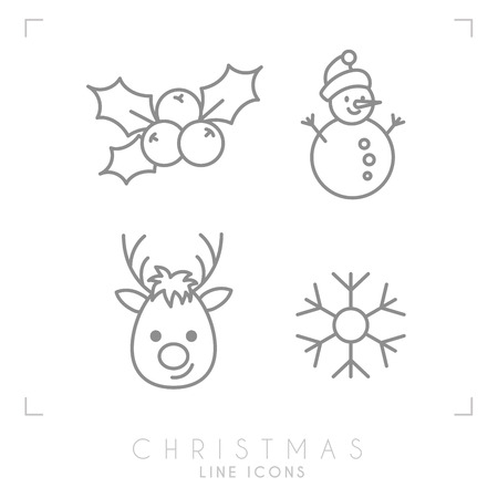 Thin line christmas icons. Holly berries, snowmen in hat, reindeer and snowflake.のイラスト素材