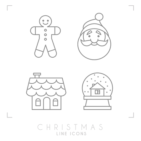 Thin line christmas icons. Gingerbread house, glass snowball, Santa Claus avatar and gingerbread man.のイラスト素材