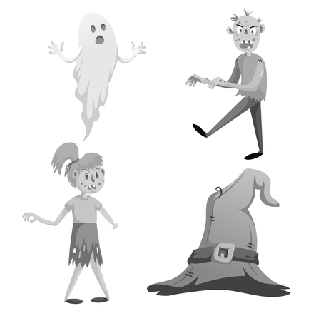 Cartoon monochrome halloween symbols set. Funny ghost, walking zombie, zombie girl without hand and witch hat with belt.のイラスト素材