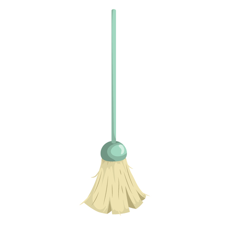 Cartoon trendy broom with green plastic stick icon. Hygiene and home cleaning vector illustration.のイラスト素材