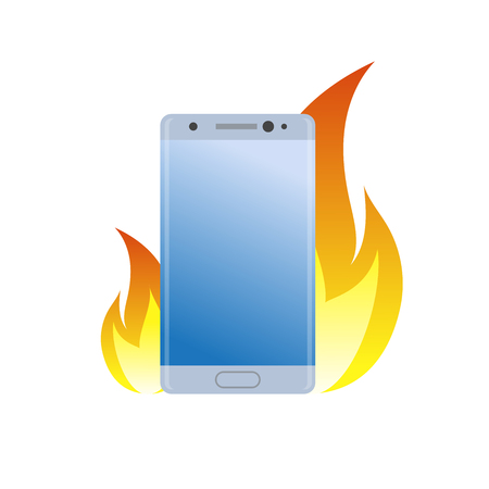 Modern smartphone under fire icon. Burn battery cell phone for bad quality, danger device simple gradient symbol.のイラスト素材