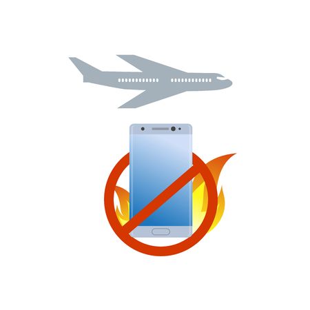 No burning smartphone on board icon. Bad quality cell phone for Airplane prohibition sign.のイラスト素材
