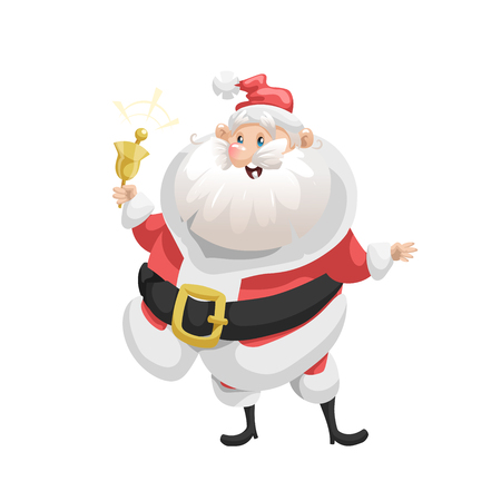 Funny cartoon style smiling Santa Claus with ring bell character icon. Emotion illustration. Christmas seasonal vector. Simple gradient artwork.のイラスト素材
