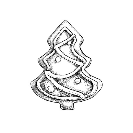 Hand drawn sketch xmas tree icing decorated. Traditional Christmas cookie. Vector hand made illustration.のイラスト素材