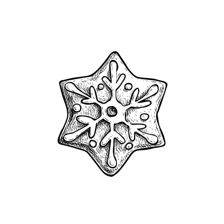 Hand drawn sketch snowflake star icing decorated. Traditional Christmas cookie. Vector hand made illustration.のイラスト素材