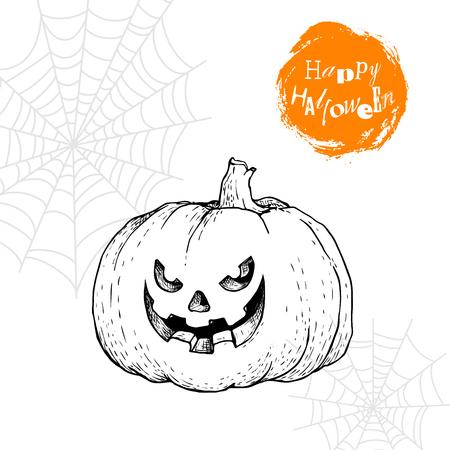Hand drawn angry smiling pumpkin. Halloween party poster and invitation design element. Jack-o-lantern isolated on white background.のイラスト素材