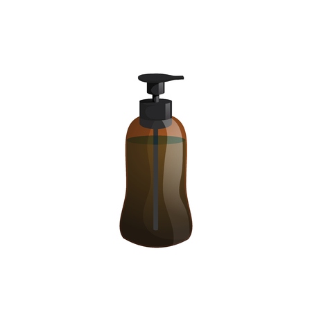 Cartoon trendy design professional hair care container. Figure tube pump  brown bottle with hair lotion, liquid soap, gel, balsam.のイラスト素材