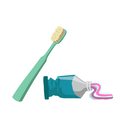 Cartoon flat style tooth care icons set. Tube with toothpaste and green toothbrush.のイラスト素材