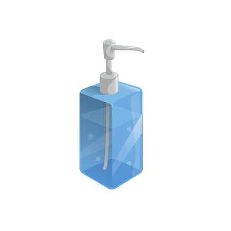 Trendy cartoon style liquid soap transparent blue bottle with dispenser and bubbles.のイラスト素材