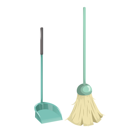 Cartoon simple gradient cleaning set objects. Green  broom and plastic dustpan with big handle. Cleaning service vector icon illustration.のイラスト素材