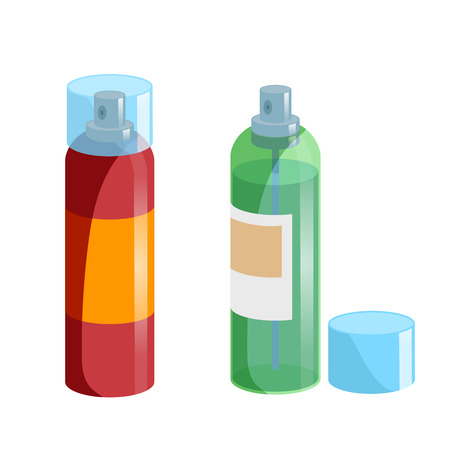 Cartoon style simple gradient hair spray fixation icon set. Closed red bottle with transparent cap and opened green one. Hair care and styling accessory vector illustration collection.のイラスト素材