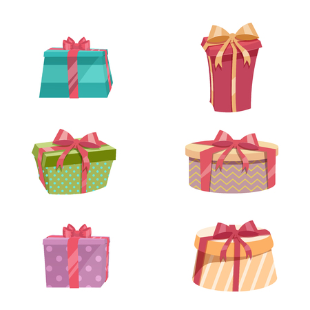 Cartoon trendy design vintage gift box set. Yellow, red, green, blue, dotted, striped  boxes with red and gold ribbons. のイラスト素材