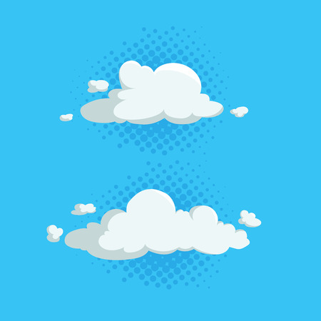 Cartoon cute cloud trendy design icons set on half tone blue circles. Vector illustration of weather or sky background.のイラスト素材