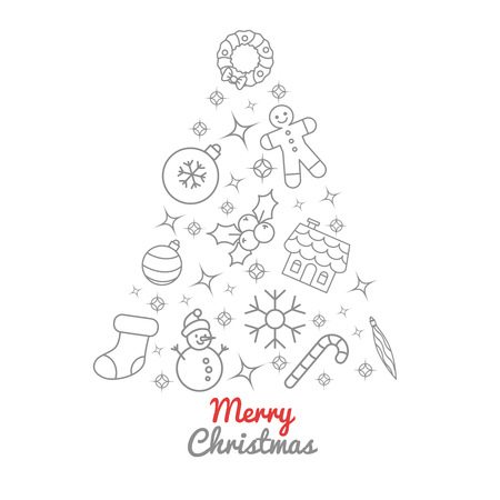 Christmas tree thin line icons. Christmas ornament decoration, candy stick, ginger house and men, sock, holly berry, sparkles, lights and stars.のイラスト素材