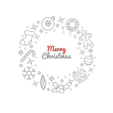Christmas wreath thin line icons. Christmas ornament decoration, candy stick, ginger house and men, sock, holly berry, sparkles, lights and stars.のイラスト素材