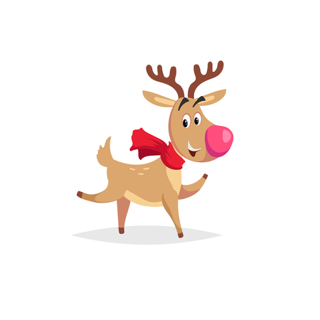Cartoon dancing or running reindeer with scarf and big red nose.のイラスト素材