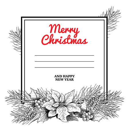 Christmas poster with hand drawn garland. Fir branches, pine cones, holly berries with leaves and poinsettia. Great for greeting cards, invitations, postcards  and banners. Vector illustrations.のイラスト素材