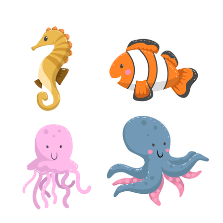 Set of tropical sea and ocean animals. Seahorse, clownfish, jellyfish, octopus. Wildlife vector illustration icons.のイラスト素材