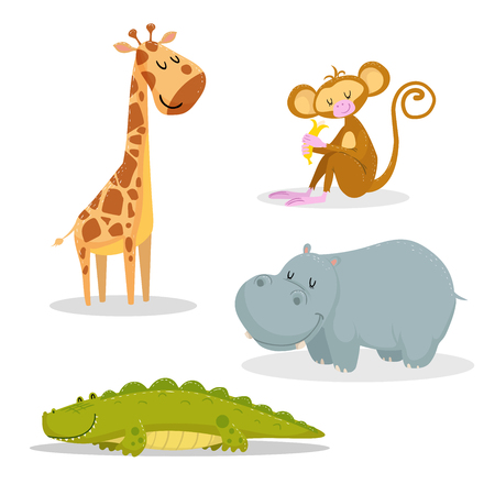 Cartoon trendy style african animals set. Giraffe, sitting monkey with banana, crocodile and hippo. Closed eyes and cheerful mascots. Vector wildlife illustrations.のイラスト素材