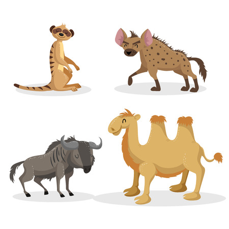 Cartoon trendy style african animals set. Hyena, wildebeest, meerkat and bactrian camel . Closed eyes and cheerful mascots. Vector wildlife illustrations.のイラスト素材