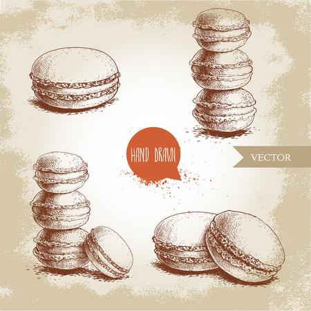 Hand drawn sketch style french pastry macarons set. Collection of sweet goods for menu design, restaurants and shops. Vector illustrations.のイラスト素材