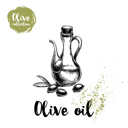 Bottle with olive oil and olives and leaves. Food and cosmetic vector old looking illustration. Ideal for menu designs, shop and market flyers.のイラスト素材